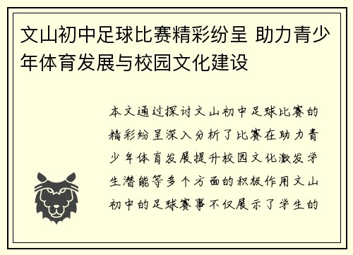 文山初中足球比赛精彩纷呈 助力青少年体育发展与校园文化建设