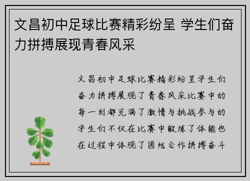 文昌初中足球比赛精彩纷呈 学生们奋力拼搏展现青春风采