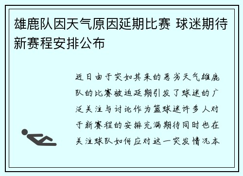 雄鹿队因天气原因延期比赛 球迷期待新赛程安排公布