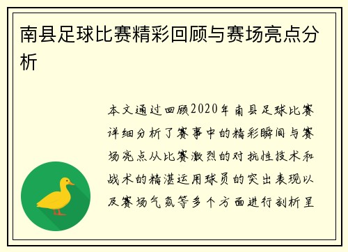 南县足球比赛精彩回顾与赛场亮点分析