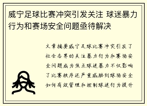 威宁足球比赛冲突引发关注 球迷暴力行为和赛场安全问题亟待解决