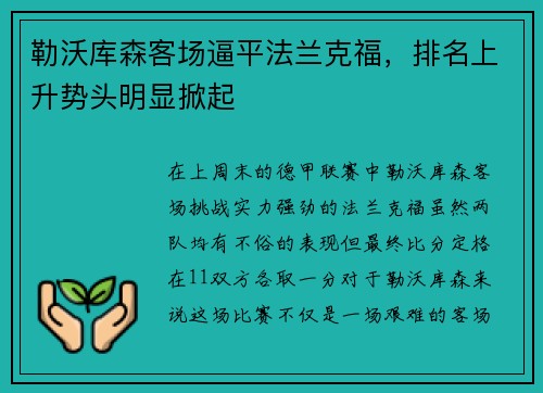 勒沃库森客场逼平法兰克福，排名上升势头明显掀起