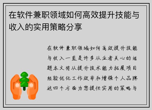 在软件兼职领域如何高效提升技能与收入的实用策略分享