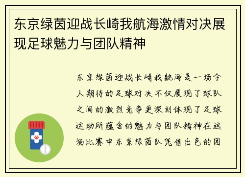 东京绿茵迎战长崎我航海激情对决展现足球魅力与团队精神