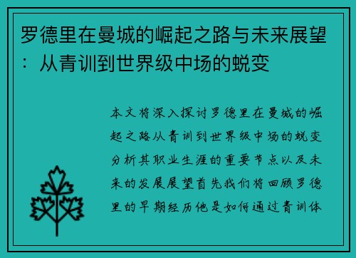 罗德里在曼城的崛起之路与未来展望：从青训到世界级中场的蜕变