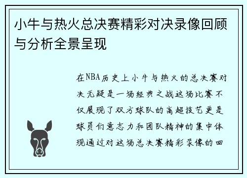 小牛与热火总决赛精彩对决录像回顾与分析全景呈现