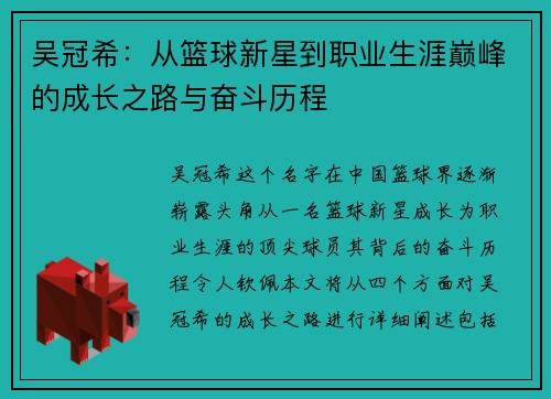 吴冠希：从篮球新星到职业生涯巅峰的成长之路与奋斗历程