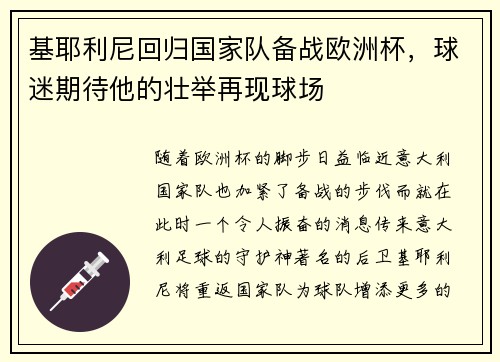 基耶利尼回归国家队备战欧洲杯，球迷期待他的壮举再现球场
