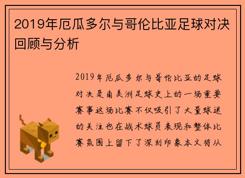 2019年厄瓜多尔与哥伦比亚足球对决回顾与分析