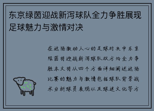 东京绿茵迎战新泻球队全力争胜展现足球魅力与激情对决