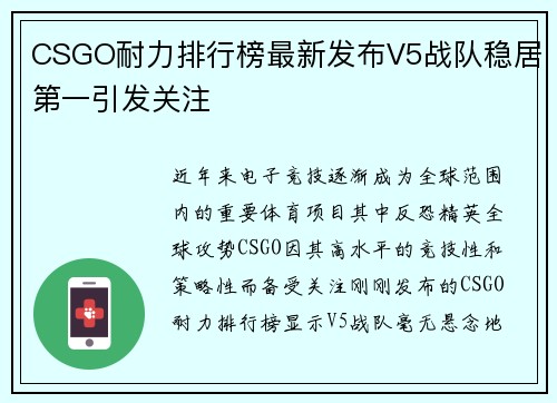 CSGO耐力排行榜最新发布V5战队稳居第一引发关注