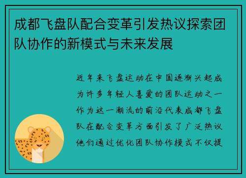 成都飞盘队配合变革引发热议探索团队协作的新模式与未来发展