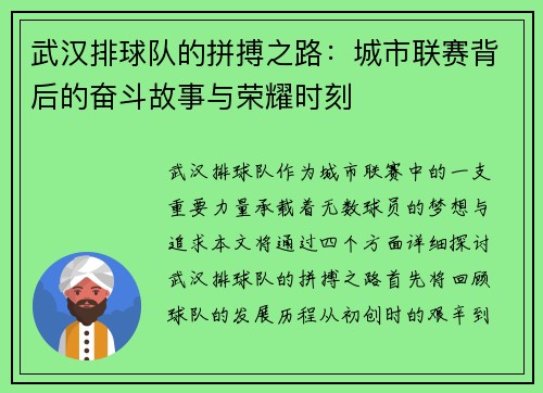 武汉排球队的拼搏之路：城市联赛背后的奋斗故事与荣耀时刻